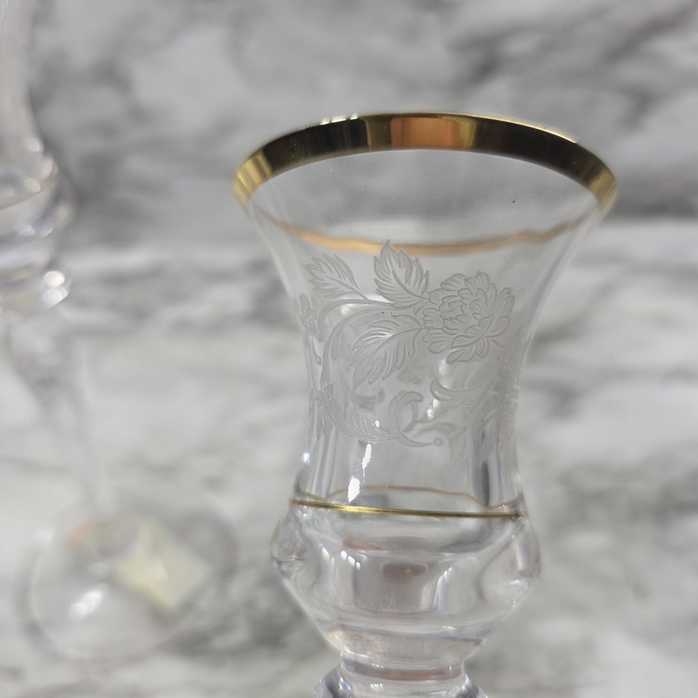 Crystal Glass Candle Holders Set of 2 Gold Rim Mikasa "Antique Lace" Vtg Stemmed - Picture 4 of 6